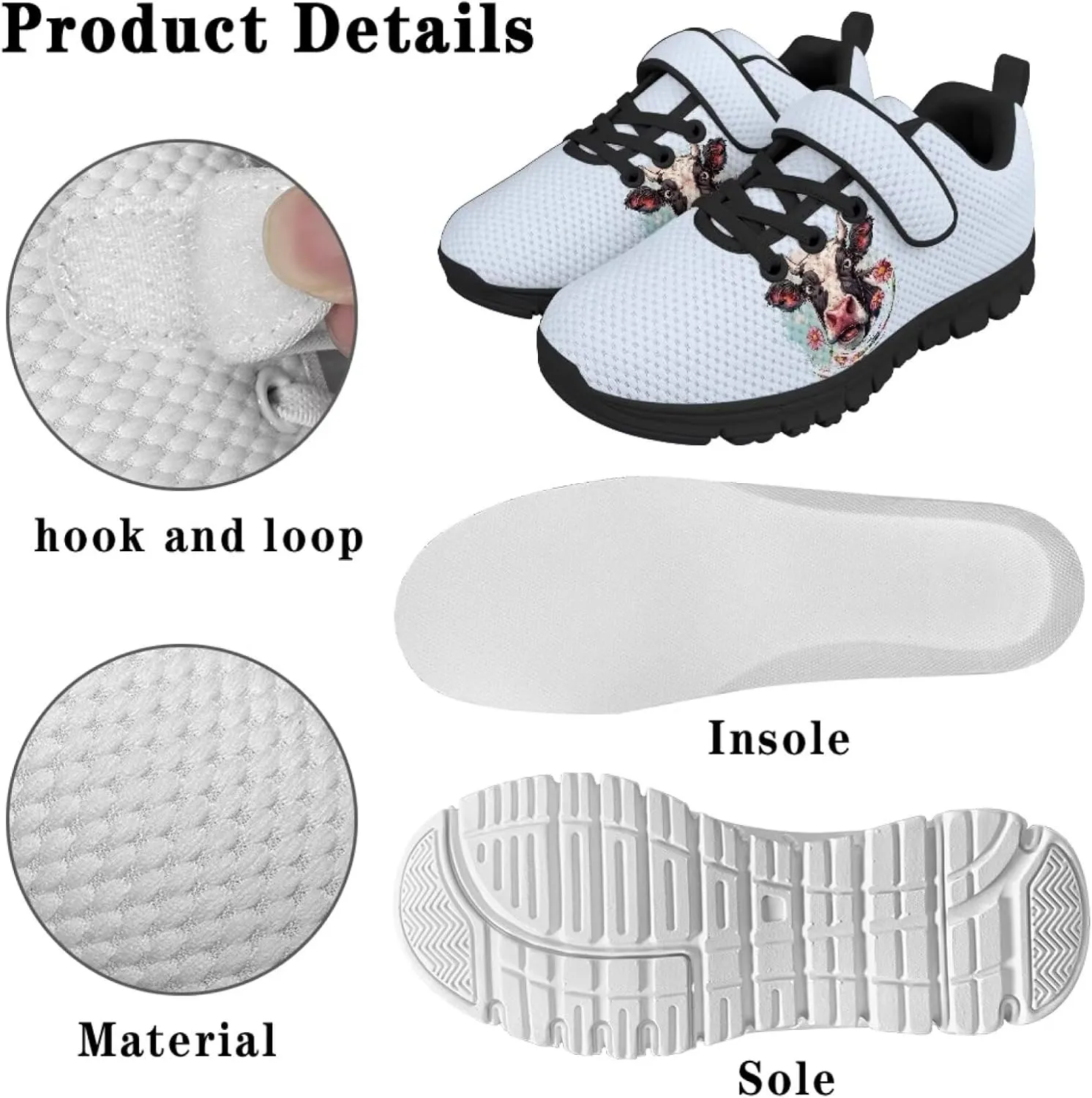 Cow Print Running Shoes for Boys Girls Tennis Sneakers Non Slip Athletic Walking Strap Shoes