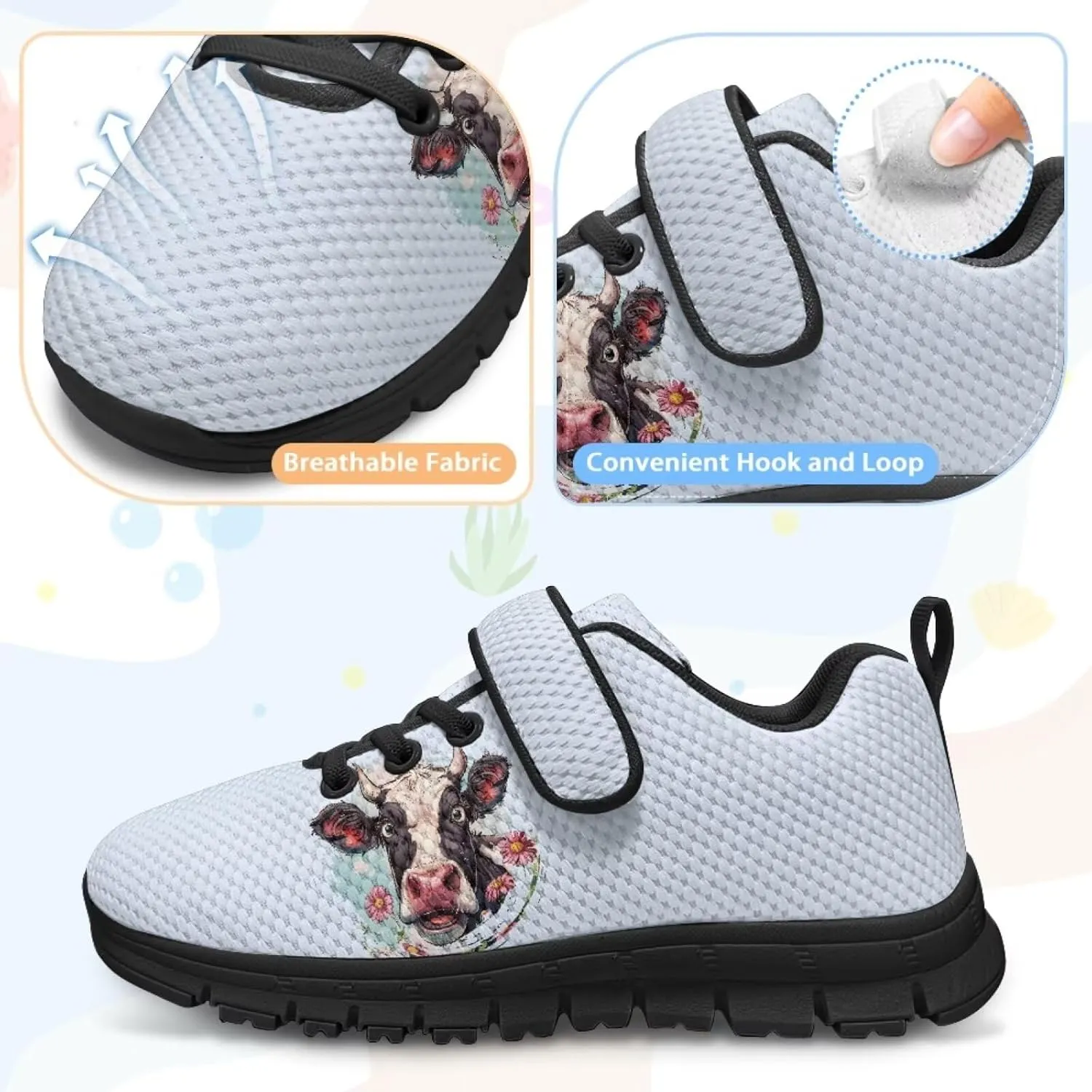 Cow Print Running Shoes for Boys Girls Tennis Sneakers Non Slip Athletic Walking Strap Shoes