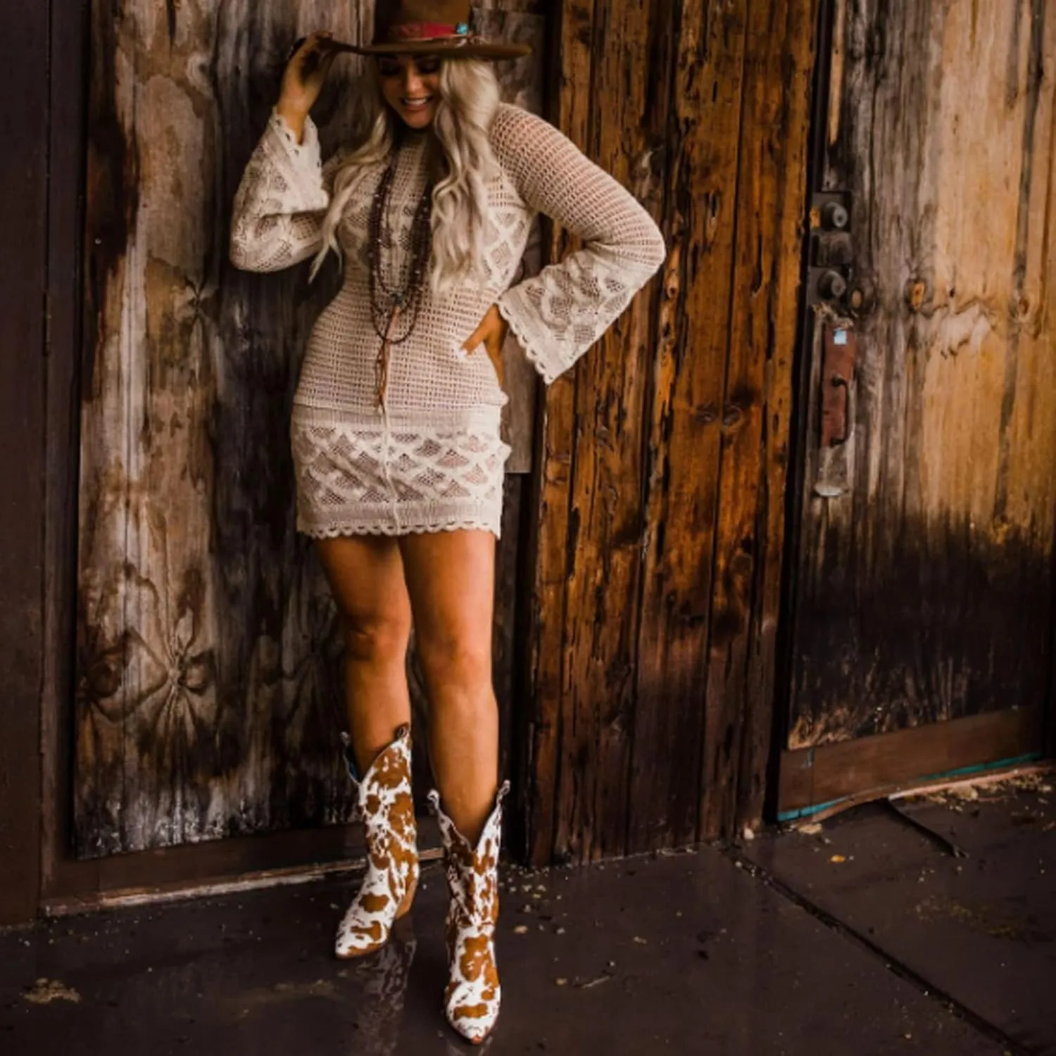Cowboy Boots for Women Cowgirl Boots Wide Calf Pointed Toe Cow Printed Fashion Western Chunky Knee High Boot