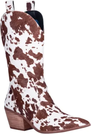 Cowboy Boots for Women Cowgirl Boots Wide Calf Pointed Toe Cow Printed Fashion Western Chunky Knee High Boot