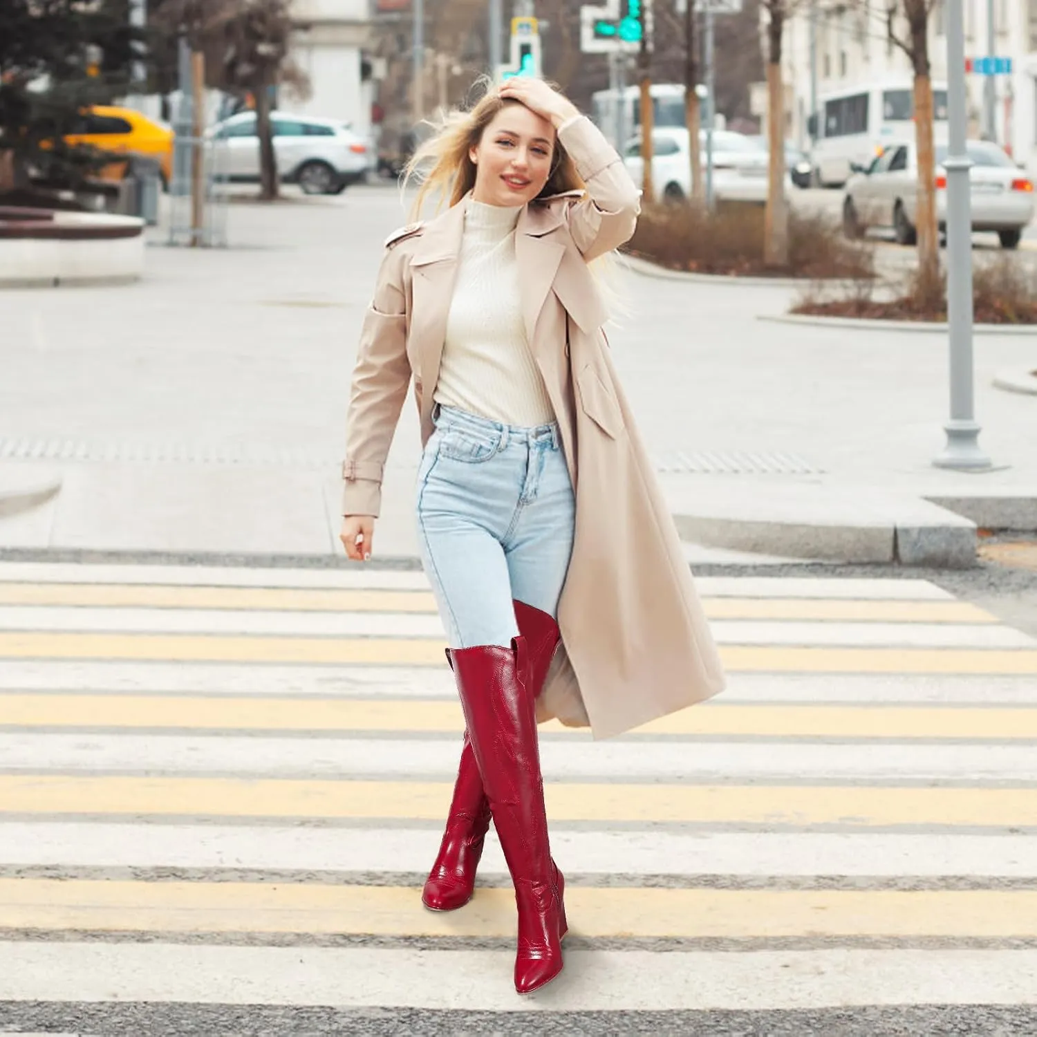 Cowboy Boots for Women Knee High Western Cowgirl Boots Chunky Heel Pointed Toe Side Zipper Tall Boot for Women Ladies