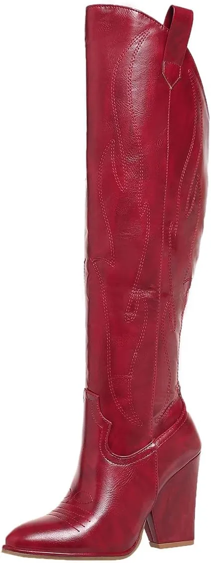 Cowboy Boots for Women Knee High Western Cowgirl Boots Chunky Heel Pointed Toe Side Zipper Tall Boot for Women Ladies