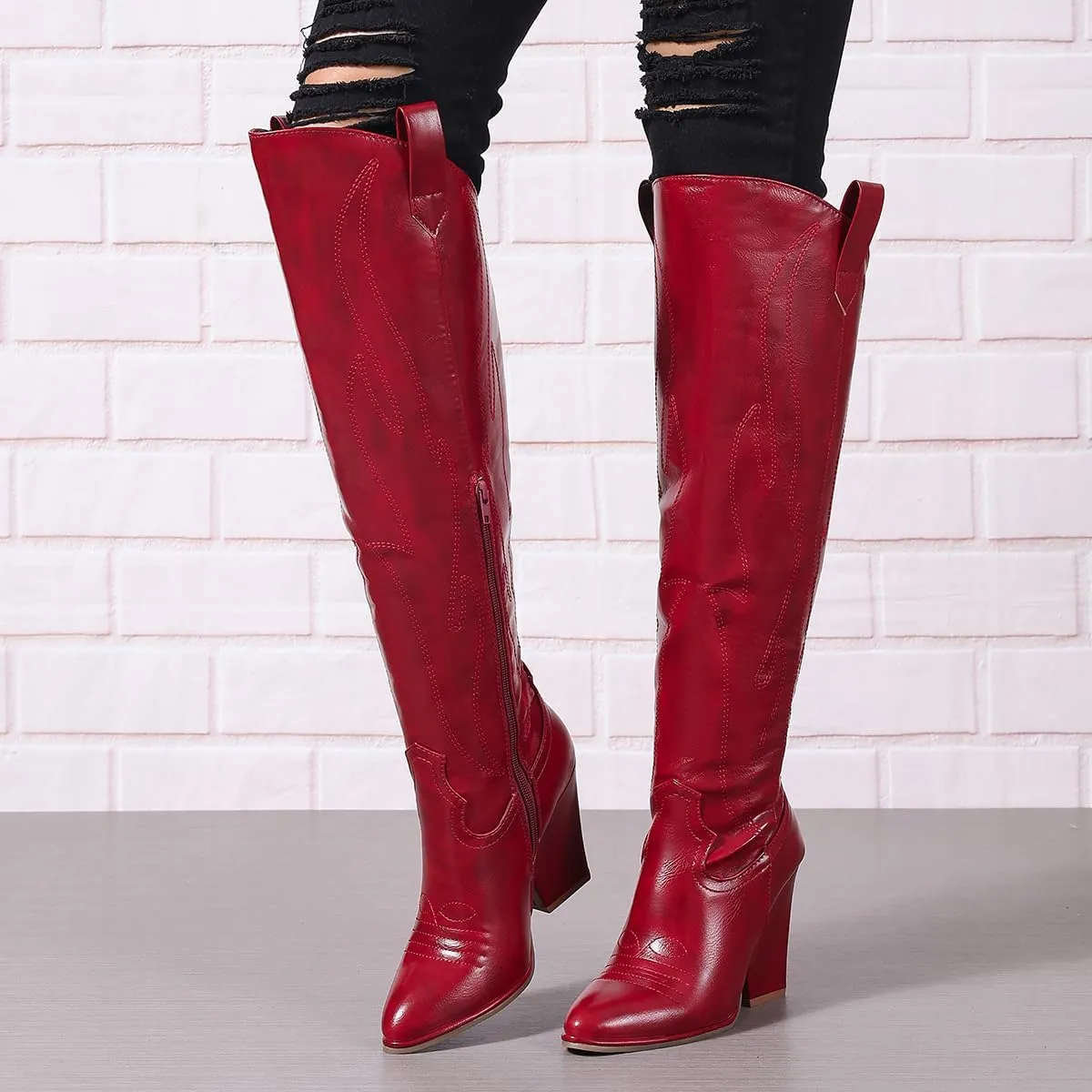 Cowboy Boots for Women Knee High Western Cowgirl Boots Chunky Heel Pointed Toe Side Zipper Tall Boot for Women Ladies
