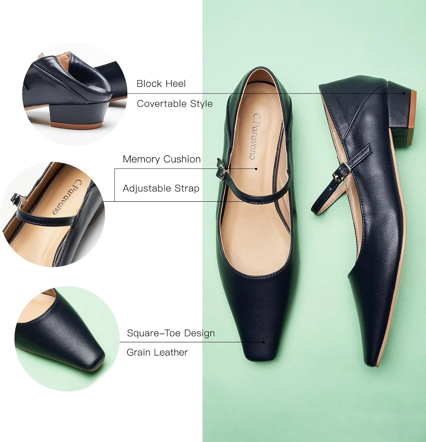 C.Paravano Convertible Mary Jane Shoes for Women - Fold Down Heel Shoes Low Mules Two-Way Adjustable Backless Loafers