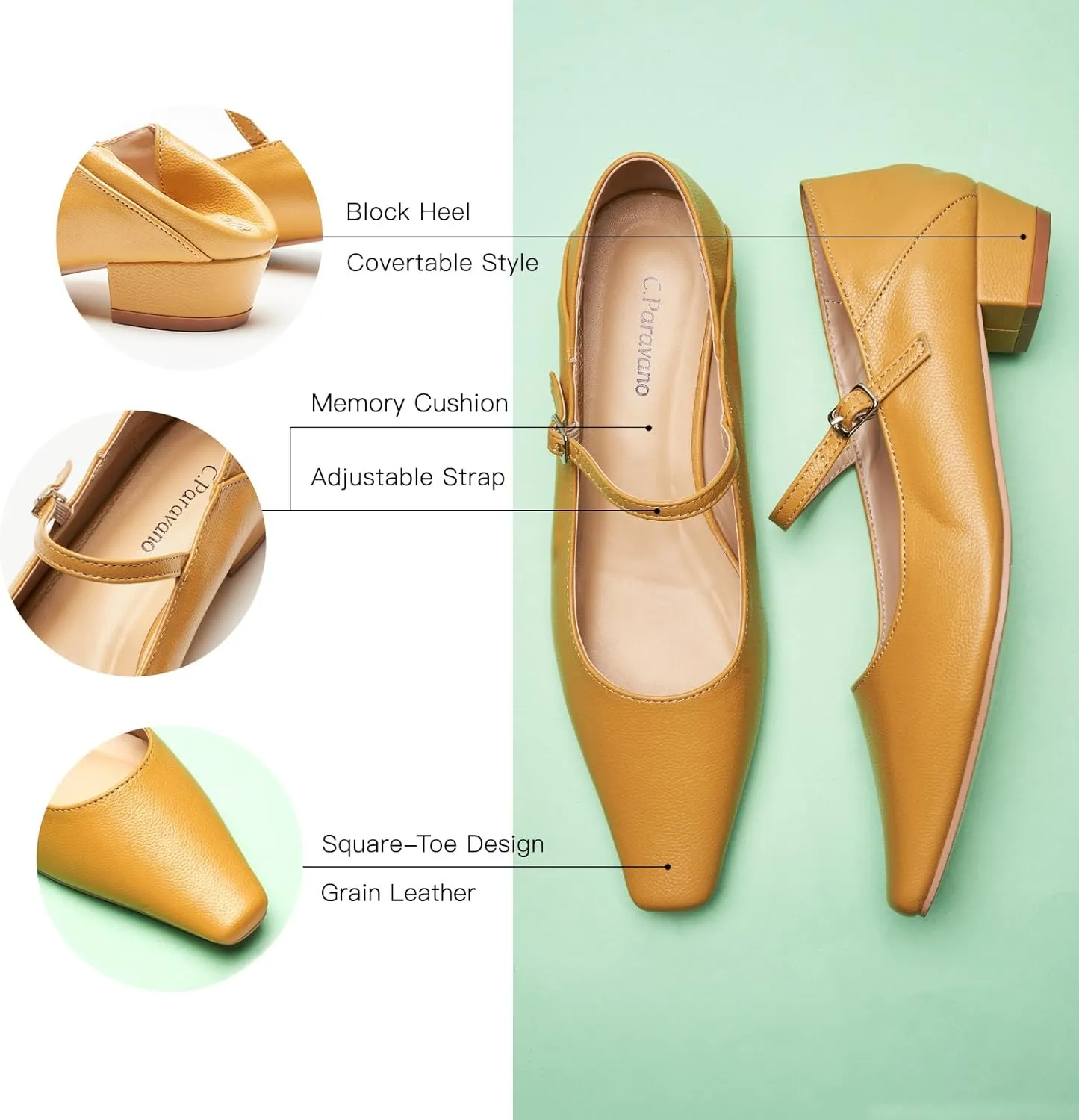 C.Paravano Convertible Mary Jane Shoes for Women - Fold Down Heel Shoes Low Mules Two-Way Adjustable Backless Loafers