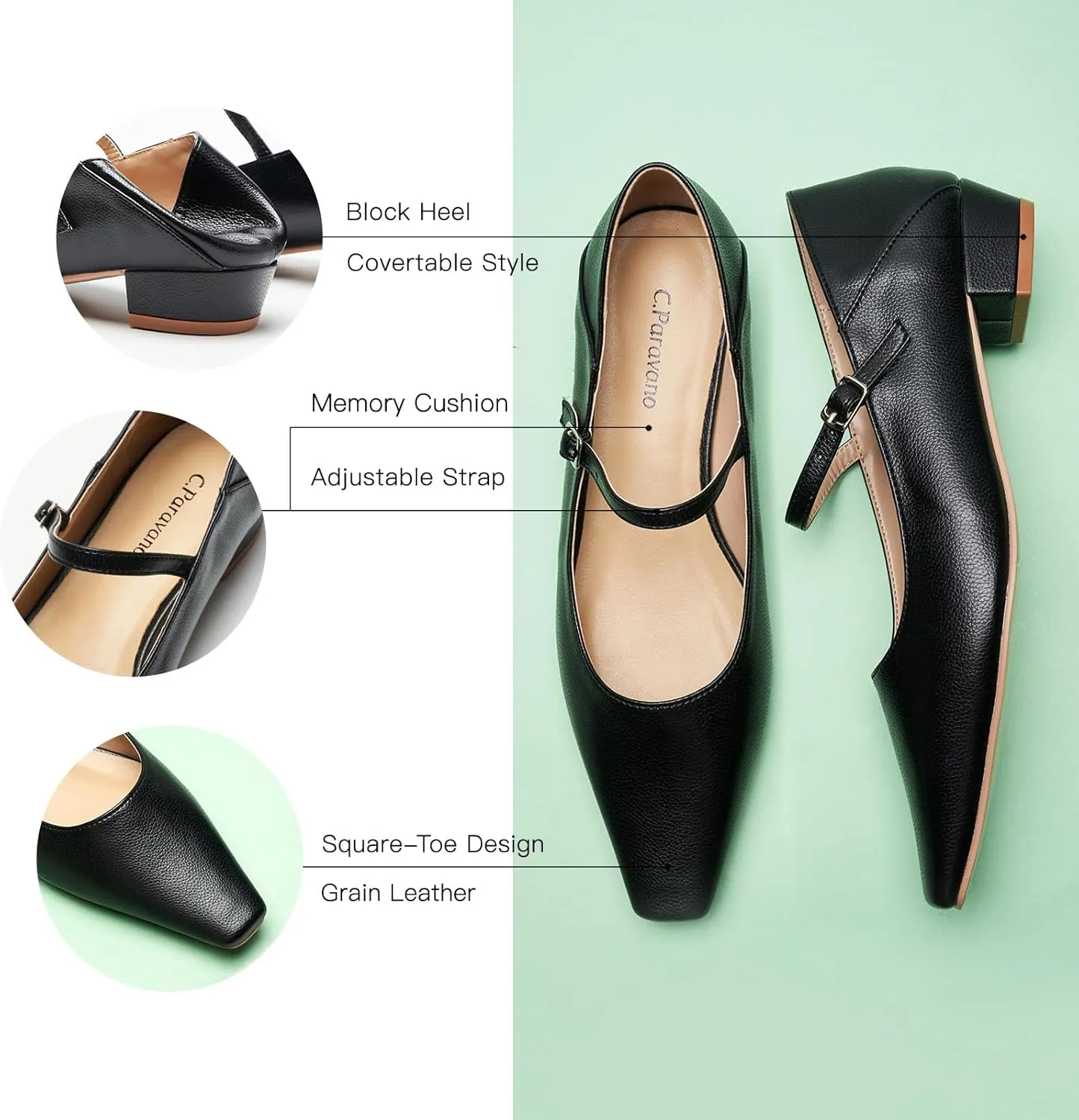 C.Paravano Convertible Mary Jane Shoes for Women - Fold Down Heel Shoes Low Mules Two-Way Adjustable Backless Loafers