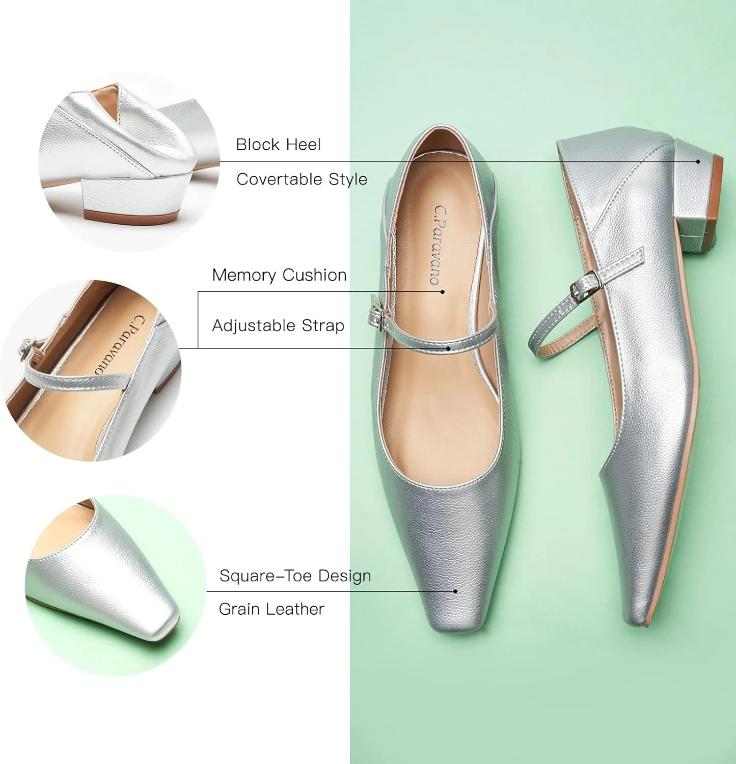 C.Paravano Convertible Mary Jane Shoes for Women - Fold Down Heel Shoes Low Mules Two-Way Adjustable Backless Loafers