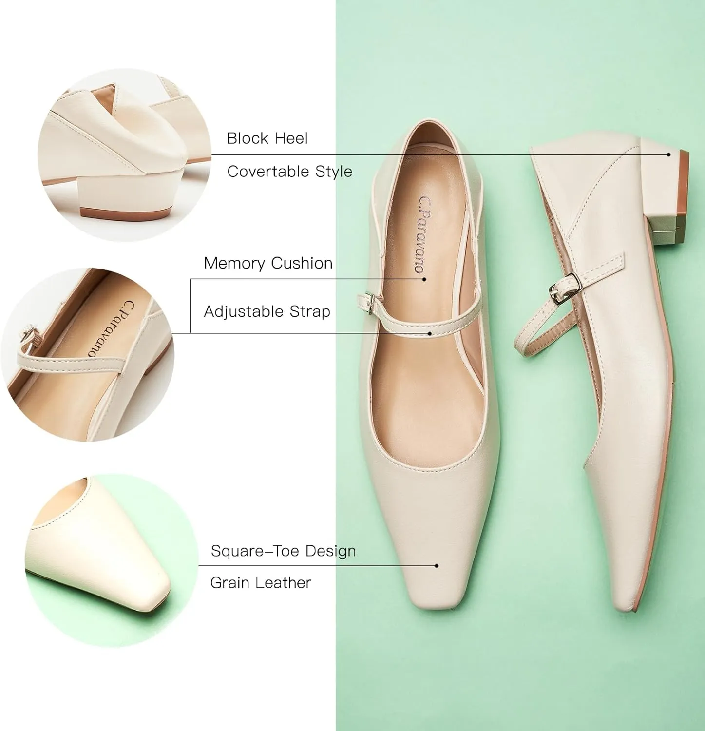 C.Paravano Convertible Mary Jane Shoes for Women - Fold Down Heel Shoes Low Mules Two-Way Adjustable Backless Loafers