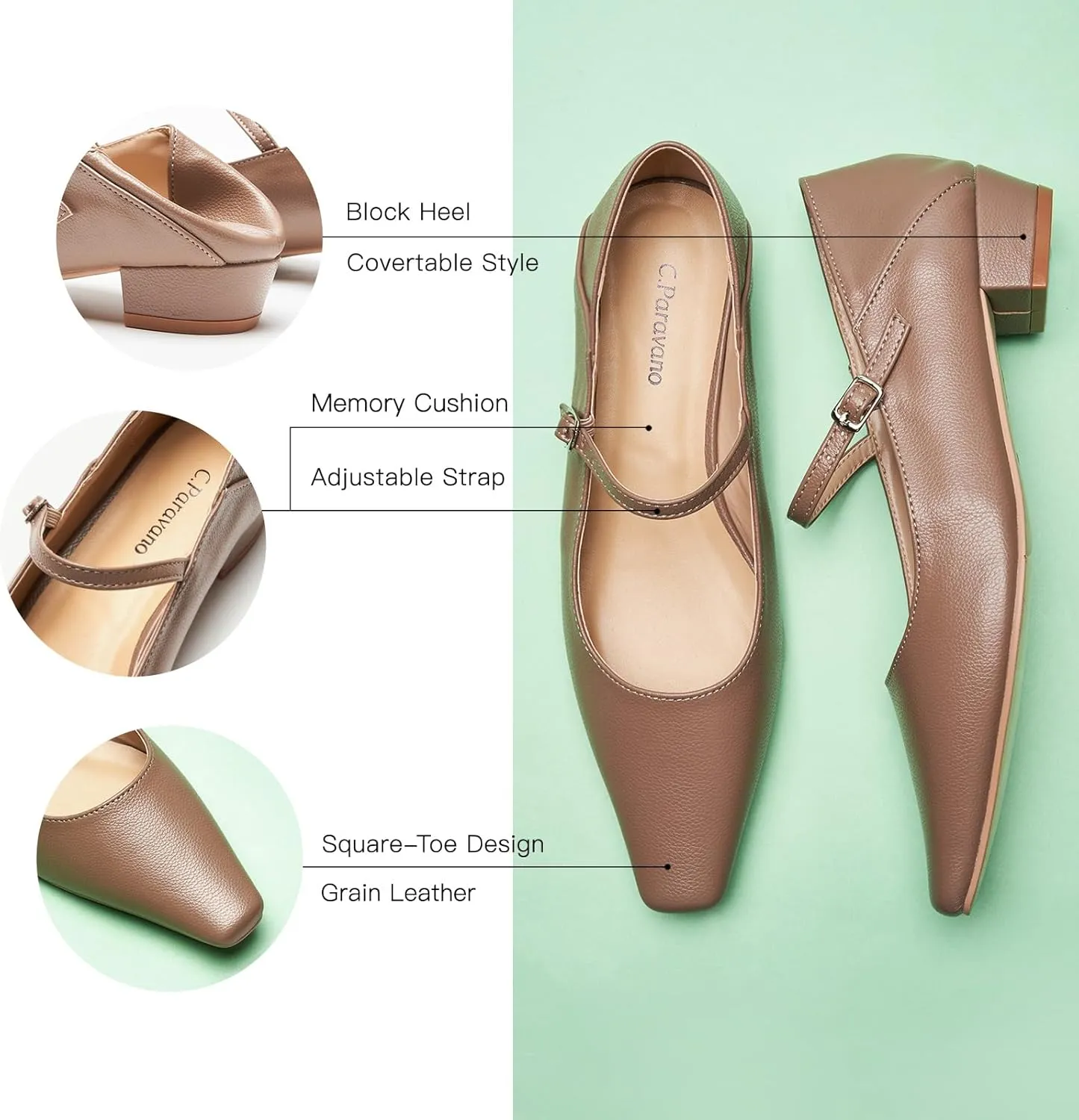 C.Paravano Convertible Mary Jane Shoes for Women - Fold Down Heel Shoes Low Mules Two-Way Adjustable Backless Loafers