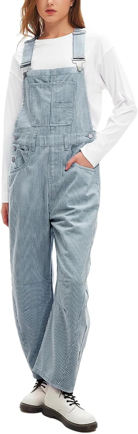 D-Sun Women's Striped Bib Overall Barrel Casual Tapered Overall Pants Wide Leg Adjustable Straps Stretch Jumpsuits