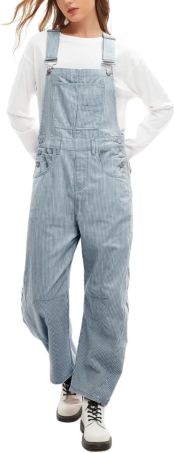 D-Sun Women's Striped Bib Overall Barrel Casual Tapered Overall Pants Wide Leg Adjustable Straps Stretch Jumpsuits