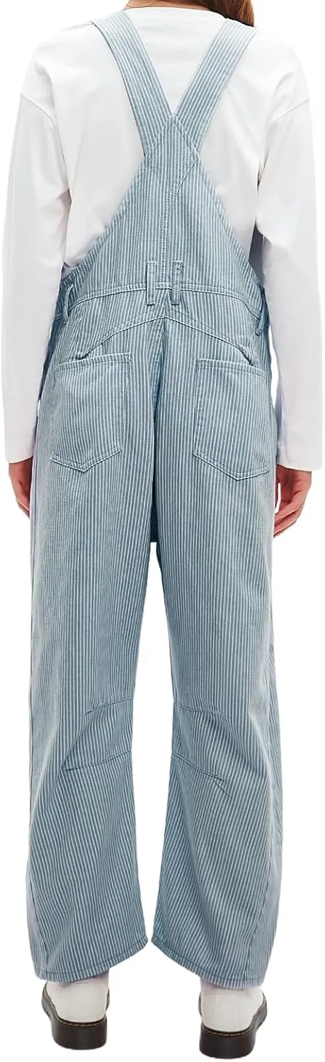 D-Sun Women's Striped Bib Overall Barrel Casual Tapered Overall Pants Wide Leg Adjustable Straps Stretch Jumpsuits