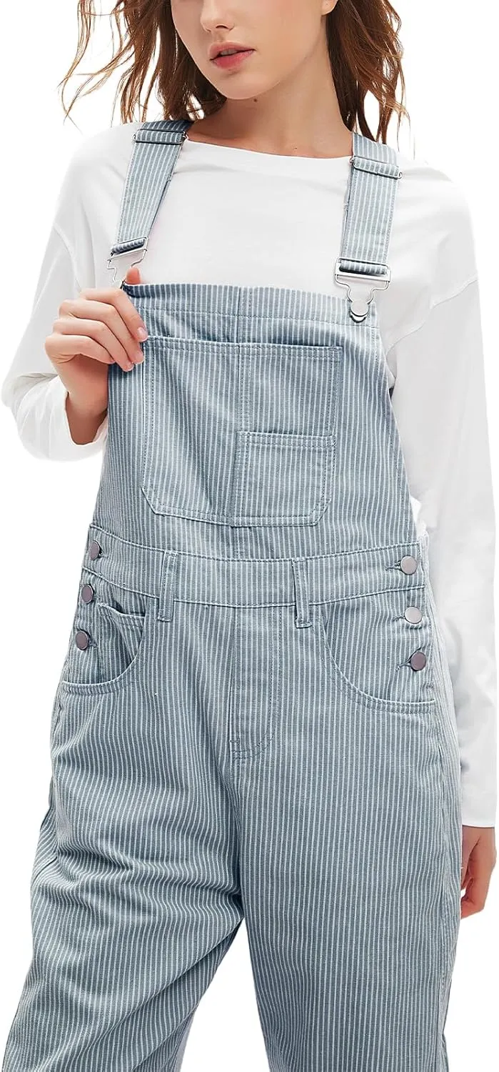 D-Sun Women's Striped Bib Overall Barrel Casual Tapered Overall Pants Wide Leg Adjustable Straps Stretch Jumpsuits