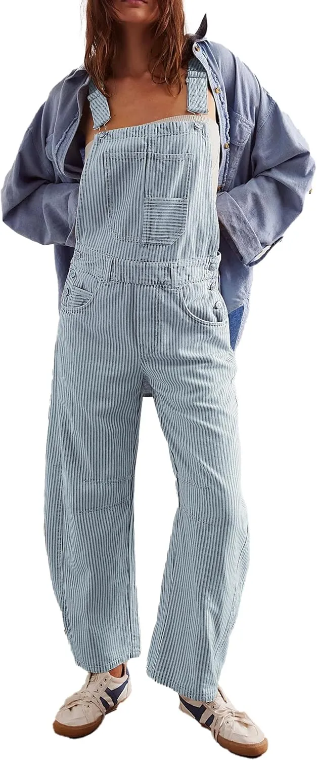D-Sun Women's Striped Bib Overall Barrel Casual Tapered Overall Pants Wide Leg Adjustable Straps Stretch Jumpsuits