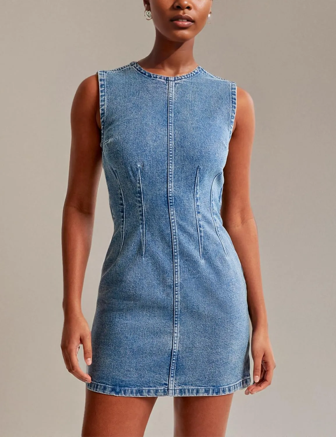 Daacee Women’s Sleeveless Bodycon Denim Mini Dress Casual Waist Tucks Zipper Tank Jean Dresses