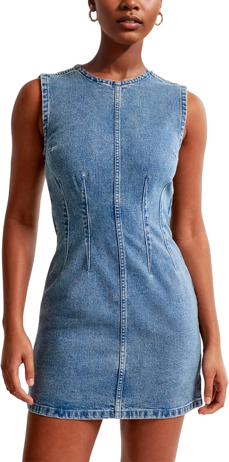 Daacee Women’s Sleeveless Bodycon Denim Mini Dress Casual Waist Tucks Zipper Tank Jean Dresses
