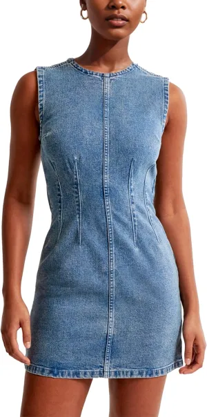 Daacee Women’s Sleeveless Bodycon Denim Mini Dress Casual Waist Tucks Zipper Tank Jean Dresses