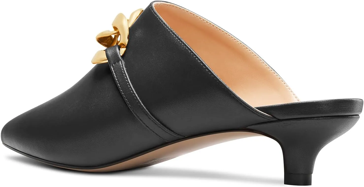 DearOnly Womens Low Kitten Heel Close Pointed Toe Slip-on Pumps Cute Metal Chain Office Casual Mules Shoes Heel