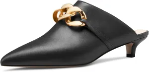 DearOnly Womens Low Kitten Heel Close Pointed Toe Slip-on Pumps Cute Metal Chain Office Casual Mules Shoes Heel