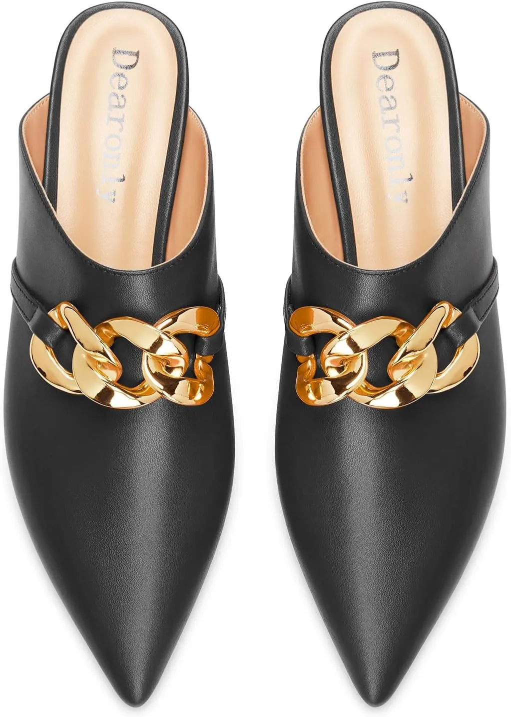 DearOnly Womens Low Kitten Heel Close Pointed Toe Slip-on Pumps Cute Metal Chain Office Casual Mules Shoes Heel