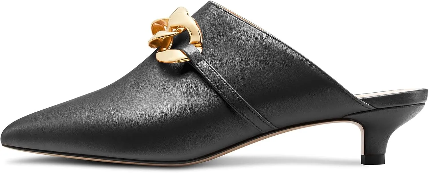 DearOnly Womens Low Kitten Heel Close Pointed Toe Slip-on Pumps Cute Metal Chain Office Casual Mules Shoes Heel