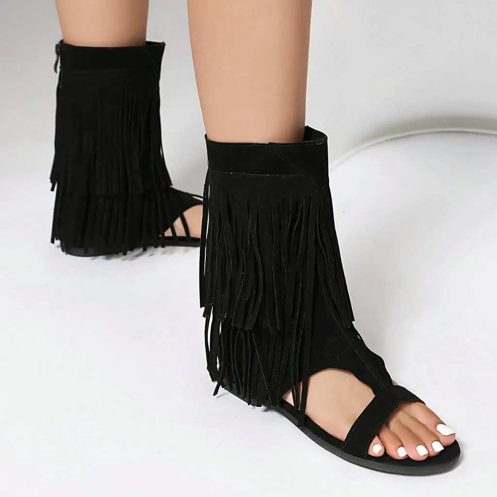DINTAHA Fringe Gladiator Sandals Womens Flat Sandals Summer Ankle Boots