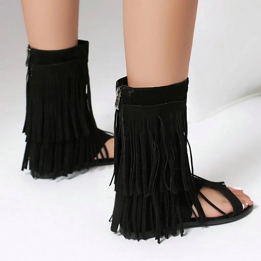 DINTAHA Fringe Gladiator Sandals Womens Flat Sandals Summer Ankle Boots