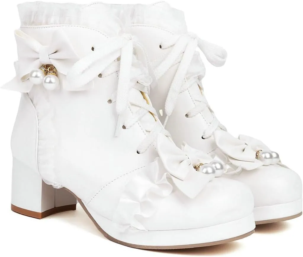 DINTAHA Kawaii Shoes For Women,Goth Lolita Platform Boots,Bow Ankle Boots Cute Sweet Cosplay Shoes