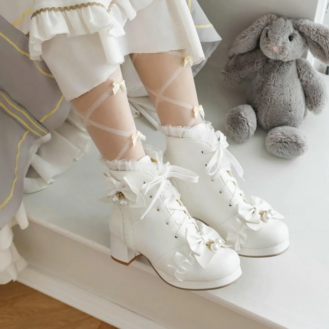 DINTAHA Kawaii Shoes For Women,Goth Lolita Platform Boots,Bow Ankle Boots Cute Sweet Cosplay Shoes