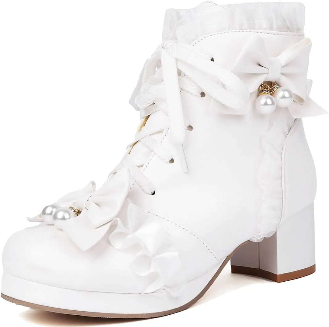 DINTAHA Kawaii Shoes For Women,Goth Lolita Platform Boots,Bow Ankle Boots Cute Sweet Cosplay Shoes