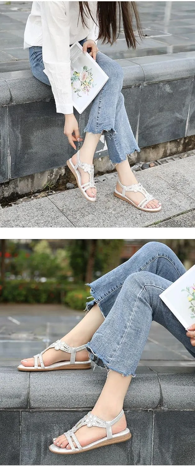 DKCHENH rhinestone sandals for women,Boho Plus Size Strass T Sandals and Clips.
