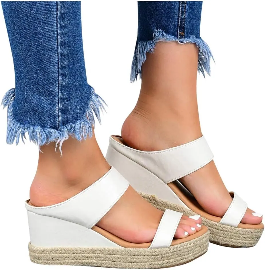 Dress Sandals for Women, Sandals Women Wedge Sandals Leather Slip on Platform Flats Shoes Casual Summer