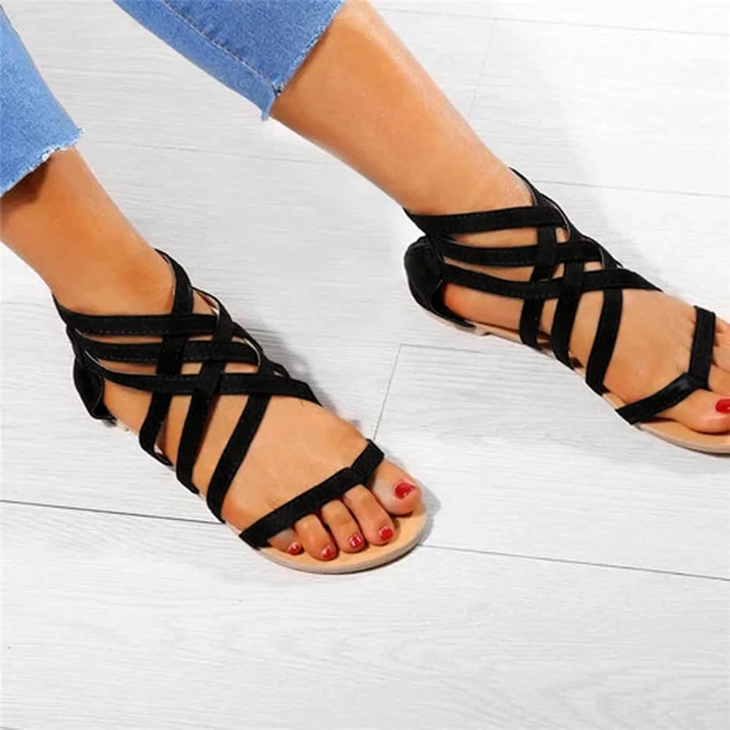 Dressy Flat Sandals for Women Criss Cross Flip Flops Anti-Slip Gladiator Solid Color Beach Falt Flat Sandals Women