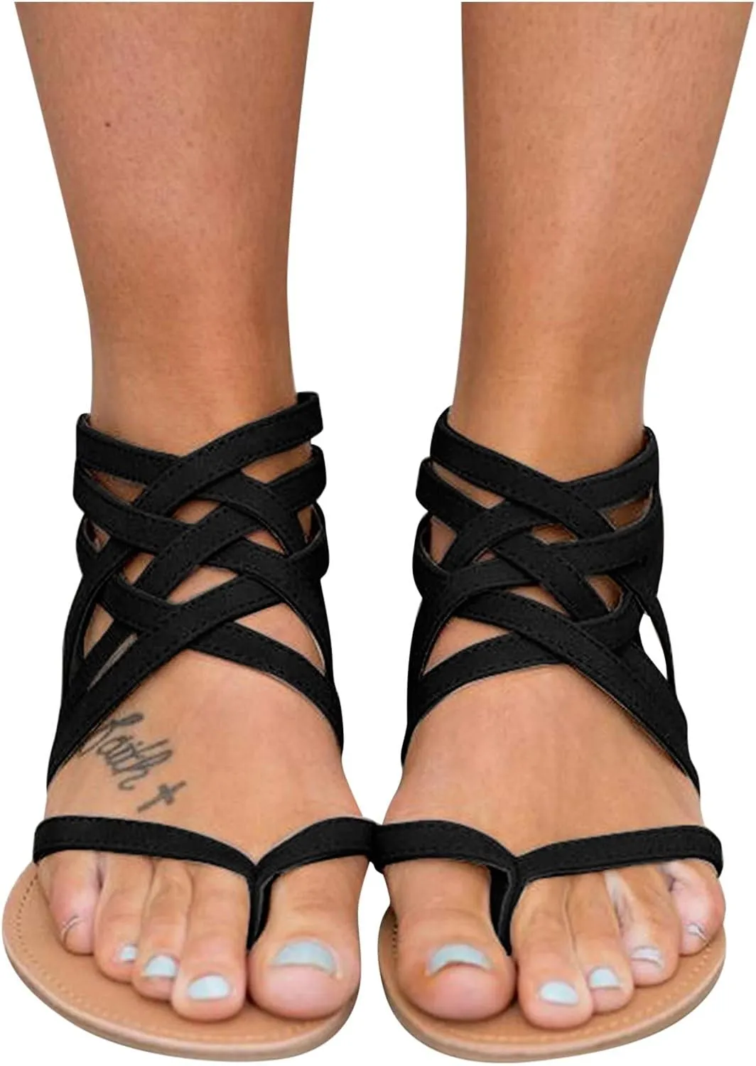 Dressy Flat Sandals for Women Criss Cross Flip Flops Anti-Slip Gladiator Solid Color Beach Falt Flat Sandals Women