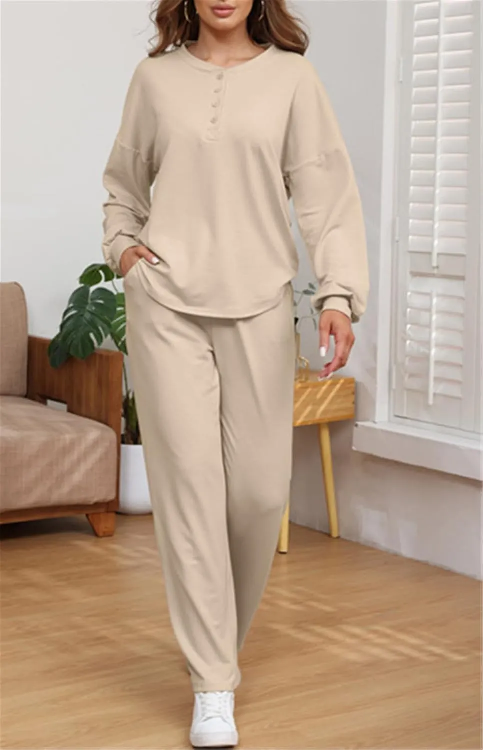 ECHOINE Womens Casual Two Piece Outfits Long Sleeve Crop Top Elastic Waist Wide Leg Pants Lounge Sets