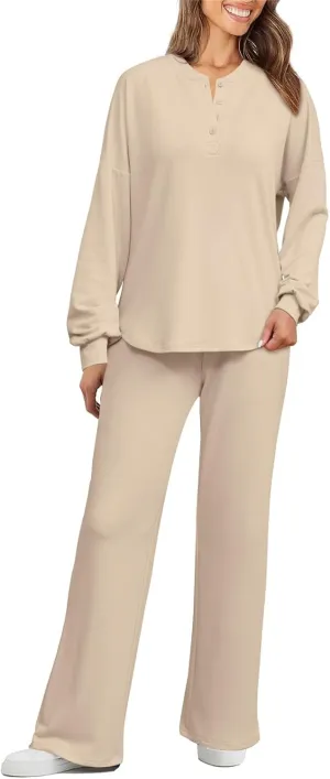 ECHOINE Womens Casual Two Piece Outfits Long Sleeve Crop Top Elastic Waist Wide Leg Pants Lounge Sets
