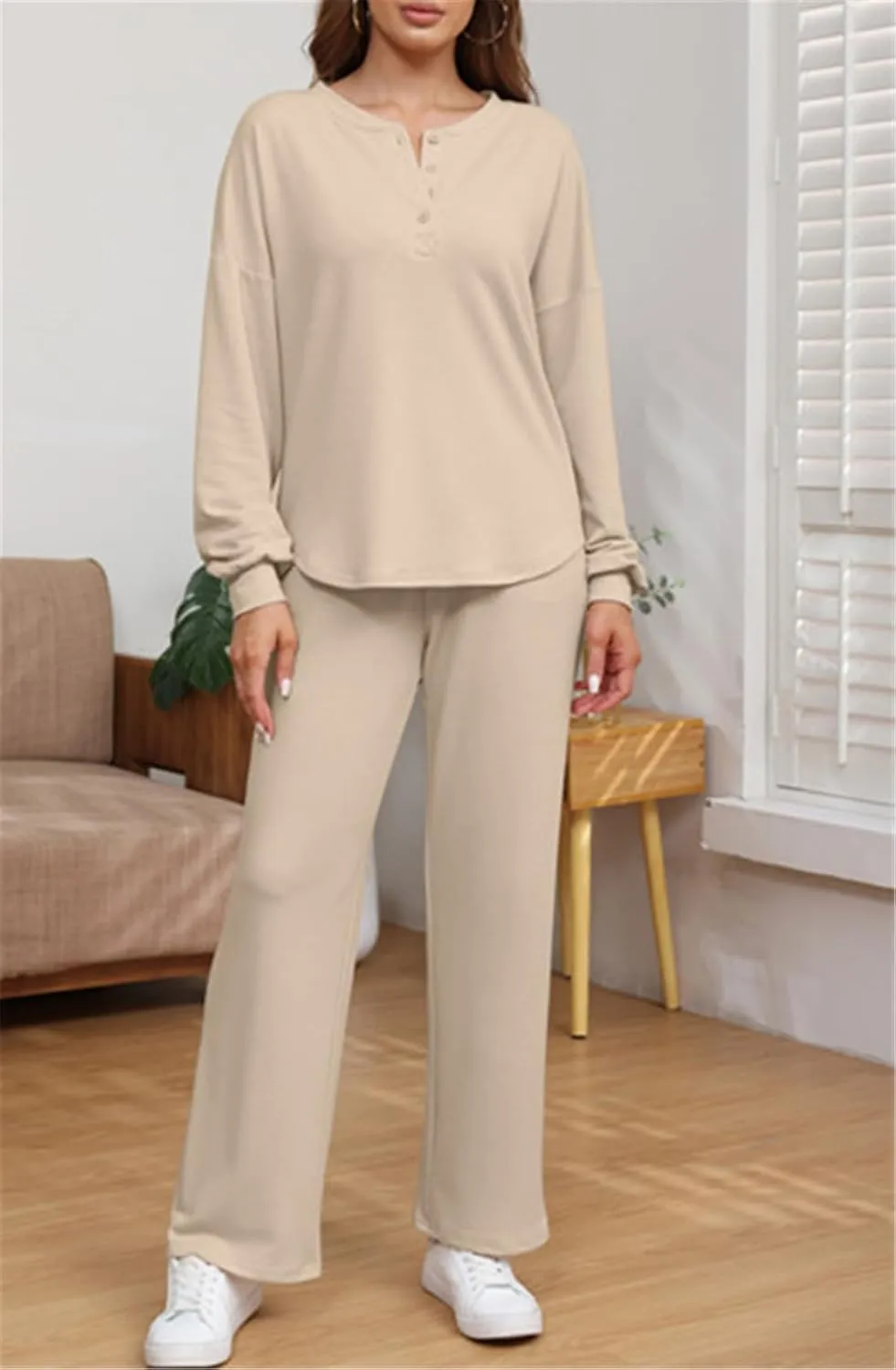 ECHOINE Womens Casual Two Piece Outfits Long Sleeve Crop Top Elastic Waist Wide Leg Pants Lounge Sets
