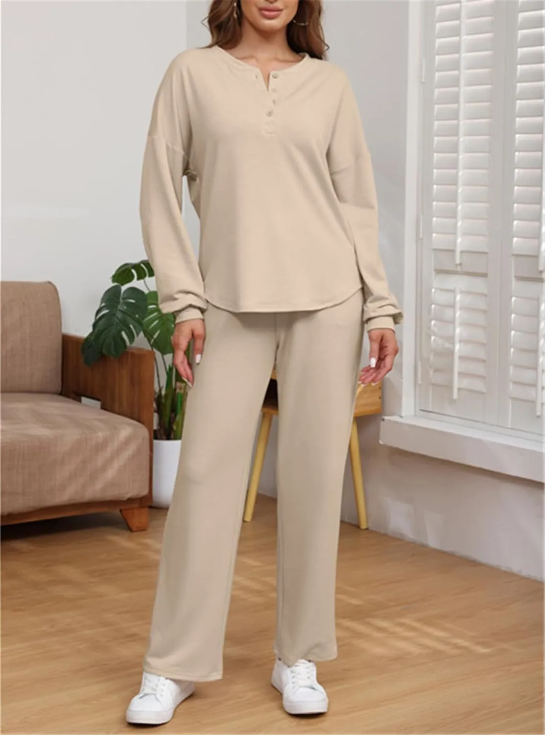 ECHOINE Womens Casual Two Piece Outfits Long Sleeve Crop Top Elastic Waist Wide Leg Pants Lounge Sets