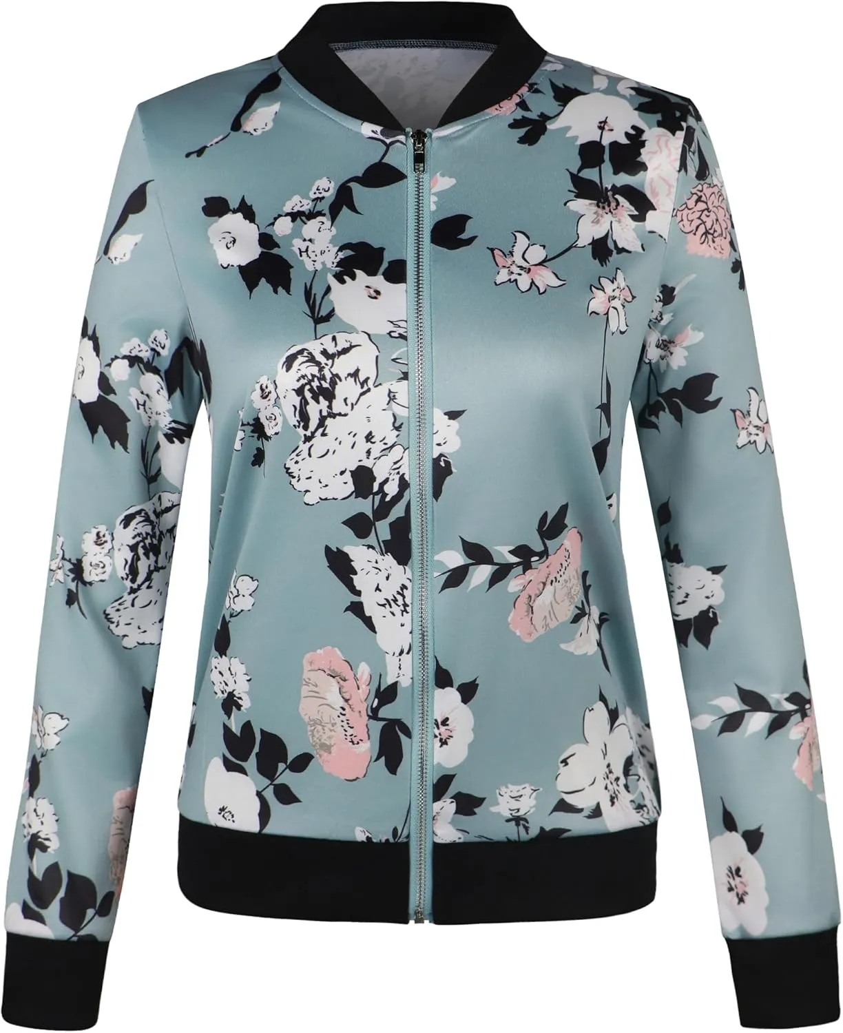 ECOWISH Women's Casual Floral Zip Up Bomber Jacket Coat Lightweight Short Camo No Lining Outwear Tops Windbreaker with Pocket