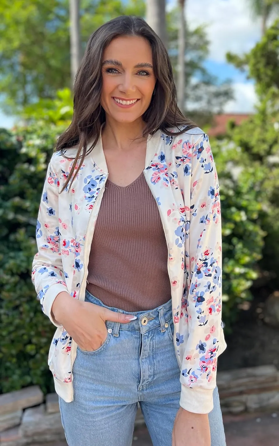ECOWISH Women's Casual Floral Zip Up Bomber Jacket Coat Lightweight Short Camo No Lining Outwear Tops Windbreaker with Pocket