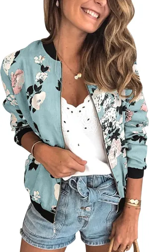 ECOWISH Women's Casual Floral Zip Up Bomber Jacket Coat Lightweight Short Camo No Lining Outwear Tops Windbreaker with Pocket