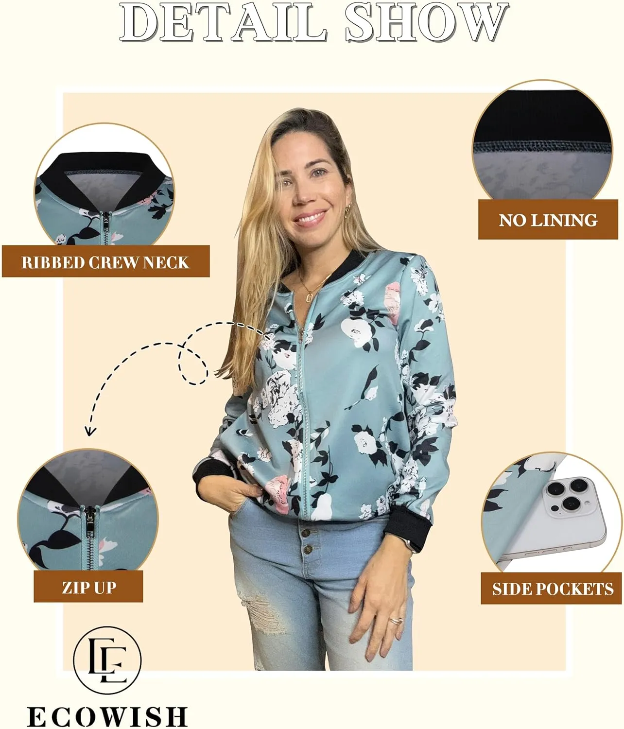ECOWISH Women's Casual Floral Zip Up Bomber Jacket Coat Lightweight Short Camo No Lining Outwear Tops Windbreaker with Pocket