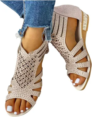 Eduavar Sandals for Women Dressy, Orthopedic Sandals for Women Low Wedge Sandals Cutout Zip Up Crystal Sandals Shoes