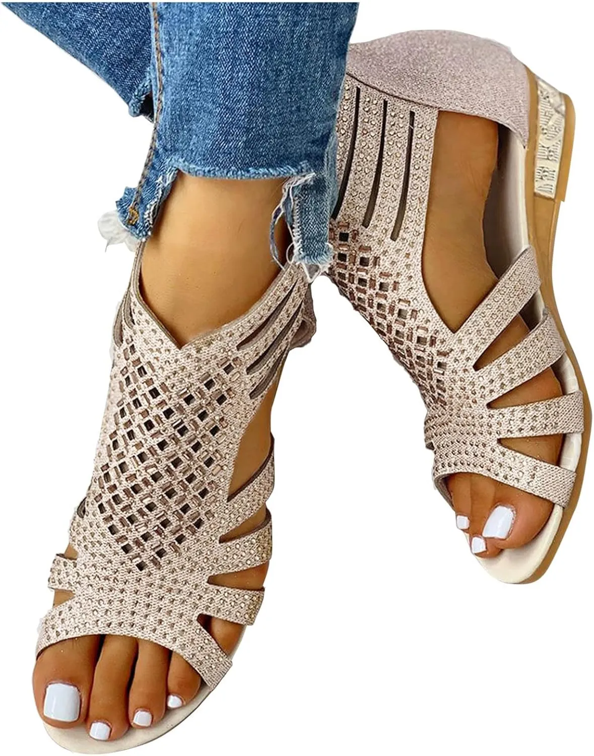 Eduavar Sandals for Women Dressy, Orthopedic Sandals for Women Low Wedge Sandals Cutout Zip Up Crystal Sandals Shoes