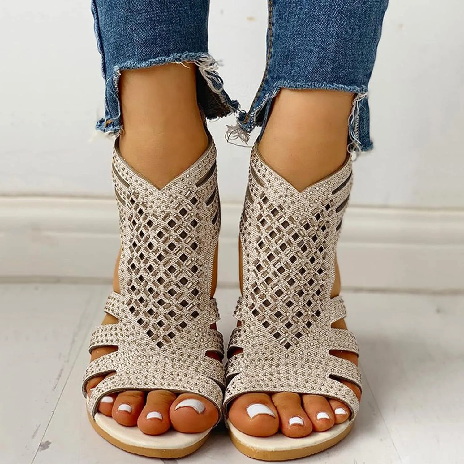 Eduavar Sandals for Women Dressy, Orthopedic Sandals for Women Low Wedge Sandals Cutout Zip Up Crystal Sandals Shoes