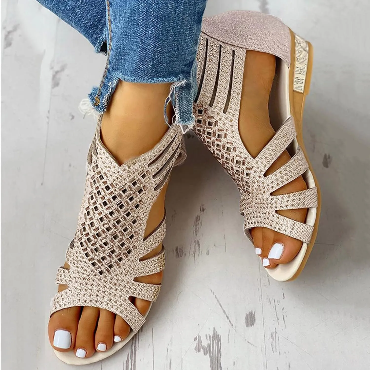 Eduavar Sandals for Women Dressy, Orthopedic Sandals for Women Low Wedge Sandals Cutout Zip Up Crystal Sandals Shoes