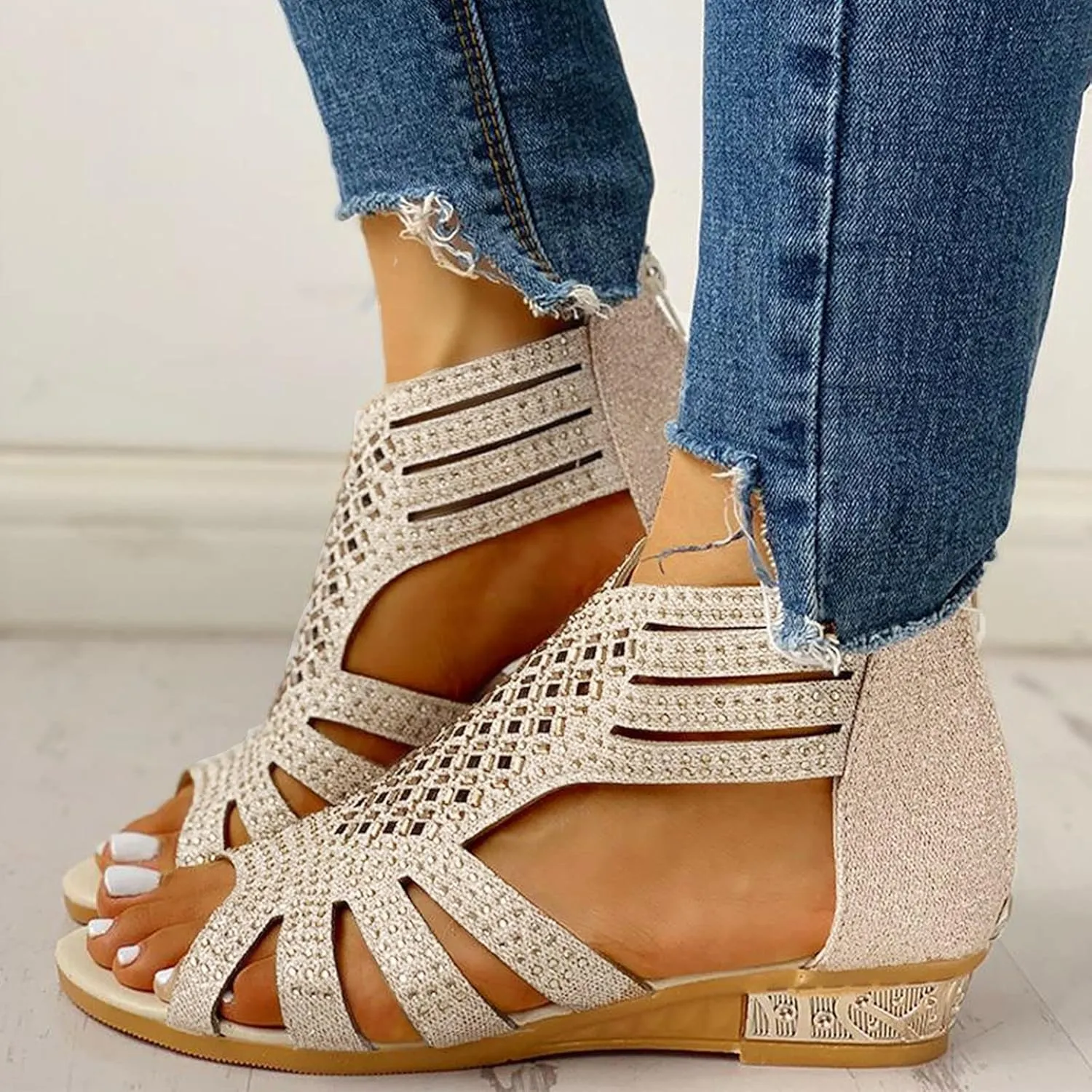 Eduavar Sandals for Women Dressy, Orthopedic Sandals for Women Low Wedge Sandals Cutout Zip Up Crystal Sandals Shoes