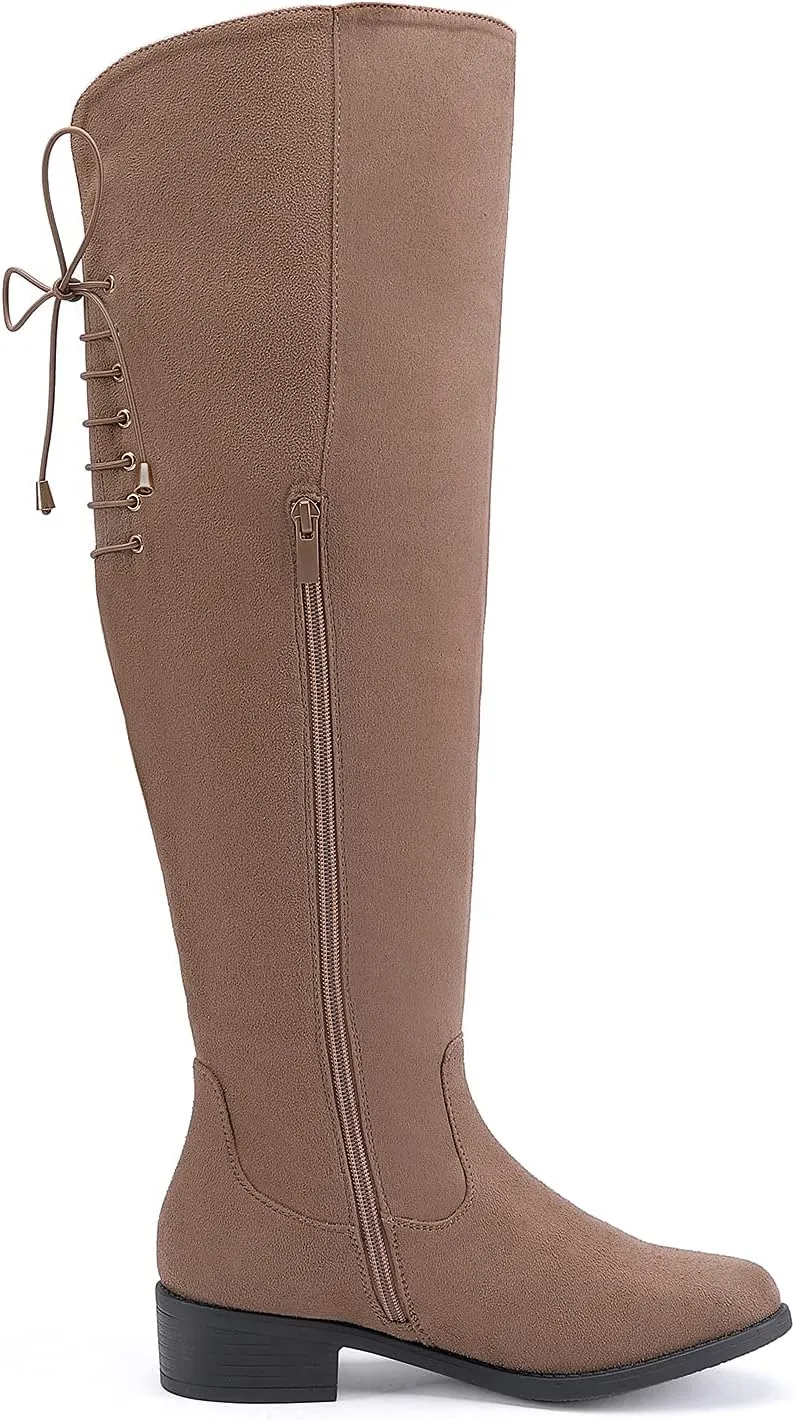 EETTARO Women's Over The Knee Boot Fashion Lace Up Tight High Boots Side Zip Block Heel Riding Booties