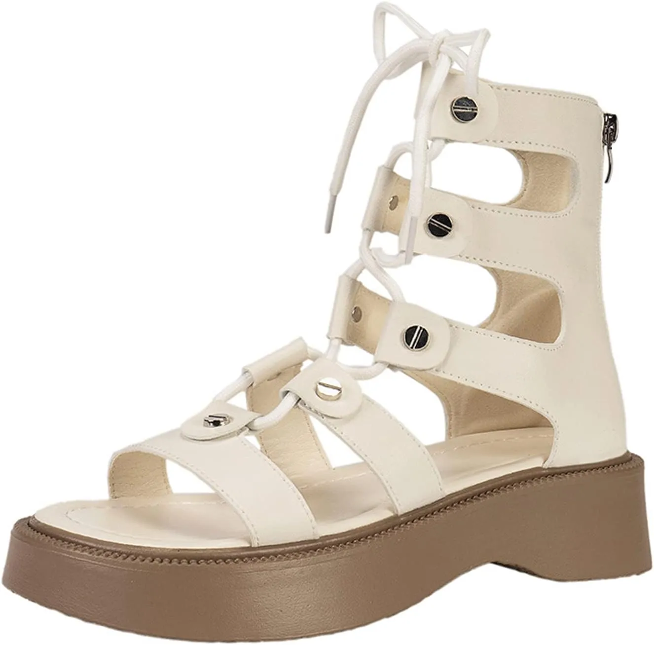 EFTCAL Women's Lace Up Thick Sole High Top Roman Sandals,Open Toe Cutout Breathable Comfortable Flat Casual Fashion Leather Sexy Gladiator Sandal