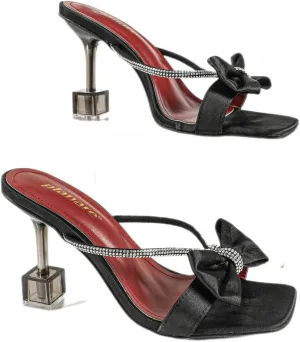 Elegant Black High Heel Mules for Women – Stylish Leather Bow Decor Open Toe Square Toe Party Shoes with Rhinestone Straps & Transparent Cube Heel for Evening Gown, Banquets, and Summer Events